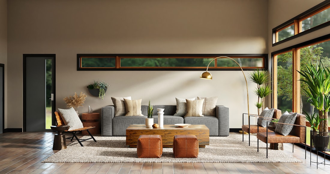 Warm modern living room opening to the outdoors