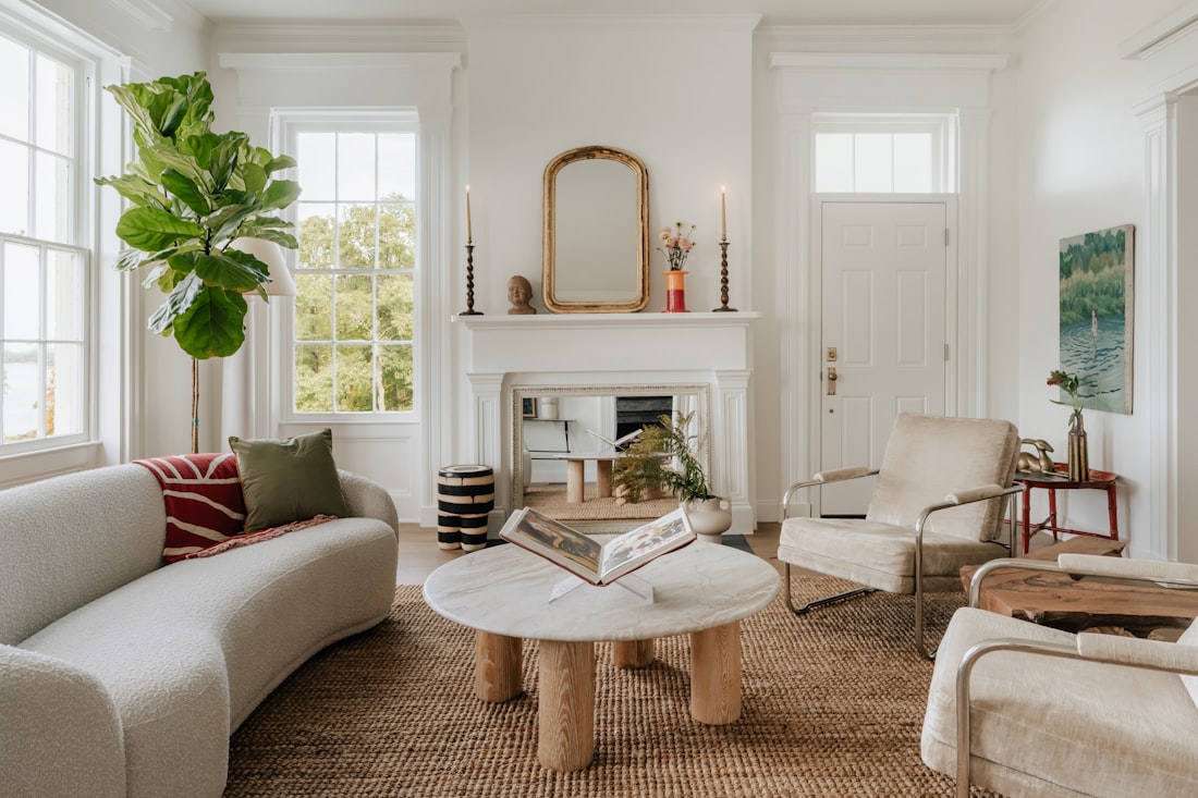 Curated living room with fireplace and layered textures