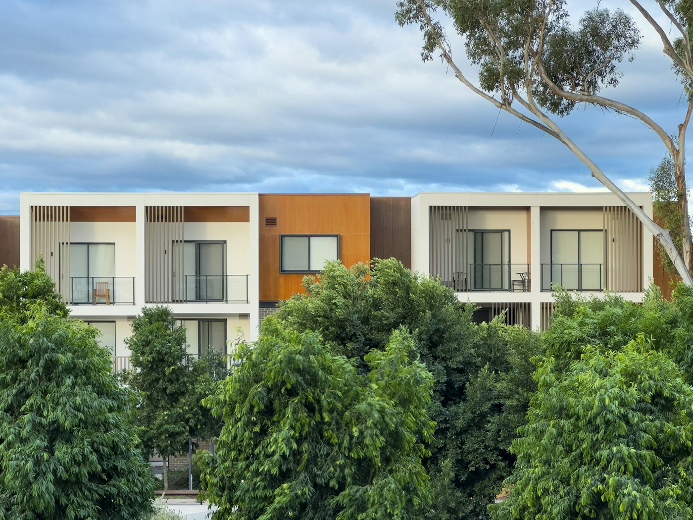 Modern multi-unit residential building framed by mature trees